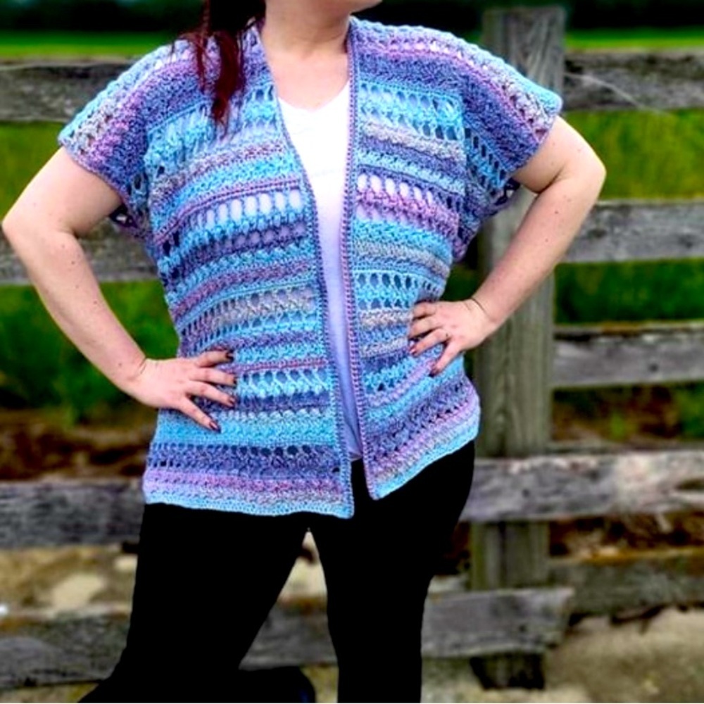 Hand crafted crochet cardigan with short sleeves
